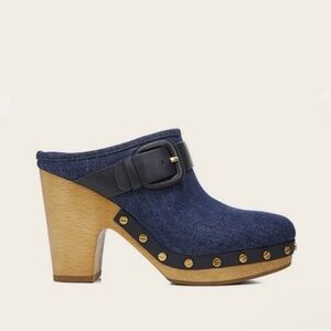 Veronica Beard Navy Mules with Wooden Heel